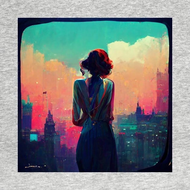 Woman stares out over the city at night - dreaming. by Liana Campbell